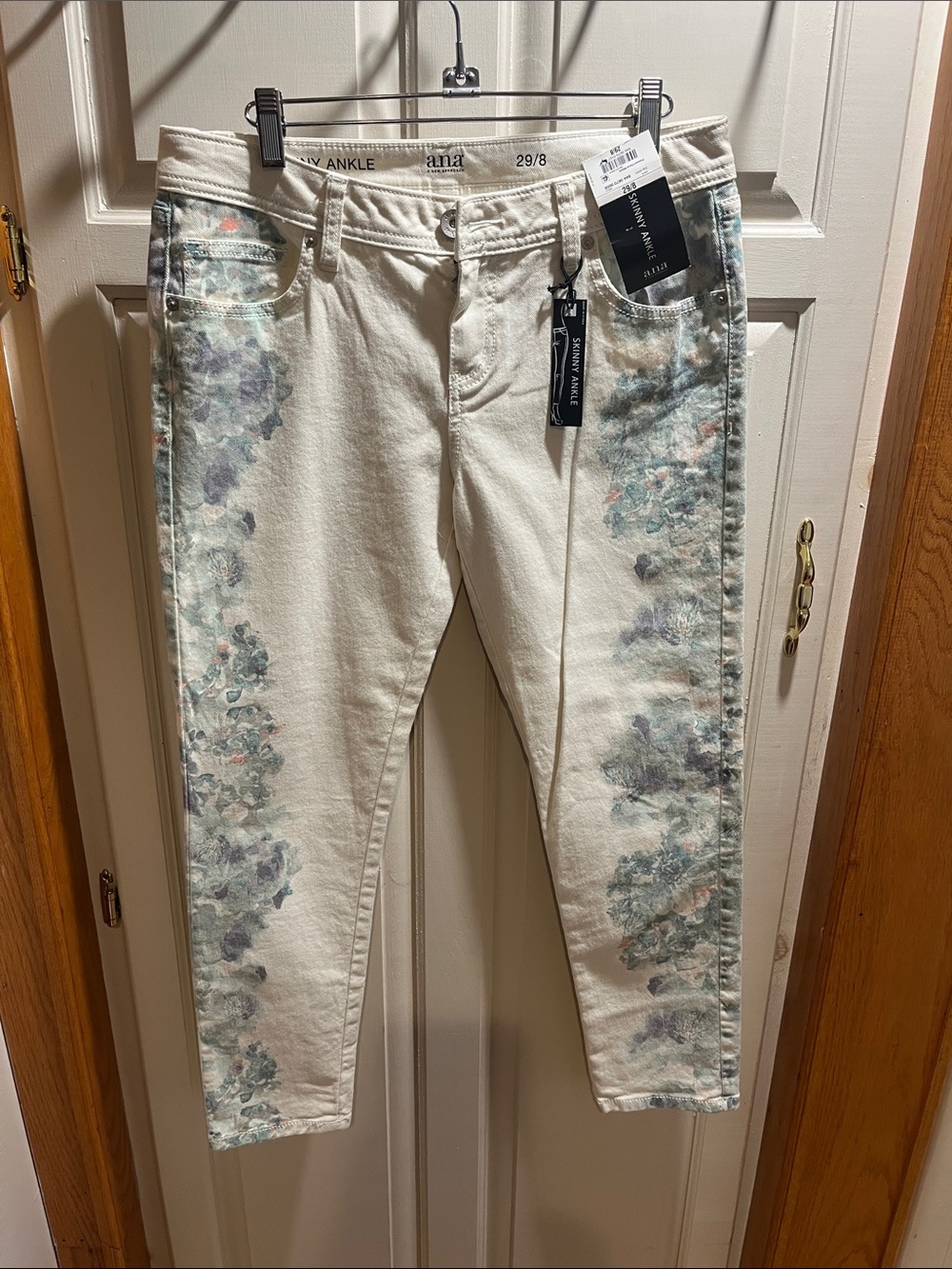 a.n.a Cream Ankle Jeans with Blue-Green & Pink Floral Side Panels